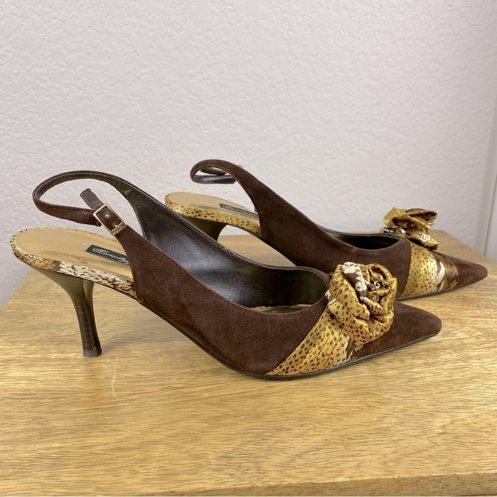 Women Vintage Beverly Feldman sling back kitten heels w/ silk rose bow size 8.5